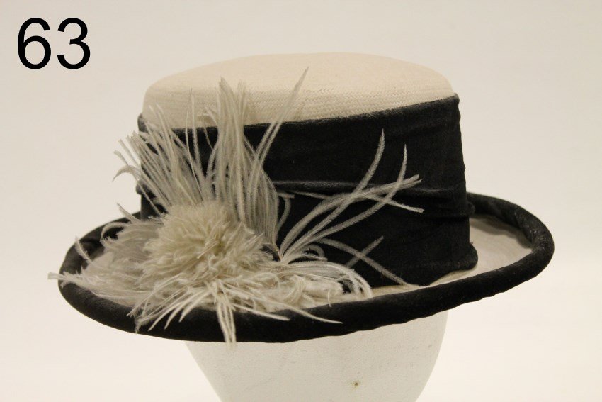Edwardian Lady's Straw Hat: White with black velvet trim, white ostrich feather, silk lining.