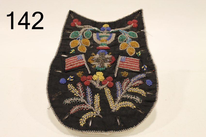 Iroquois Indian Bib - Beaded Flags: Very decorative beaded shirt front or bib, glass beads of flowers in pot, 2 American flags, ferns, cross, other. Bib has button holes to attach to shirt front, black ground with multi-colored glass be