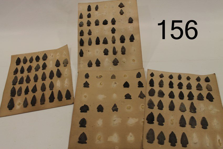 4 Cards of Indian Artifacts - Old Museum: 4 cards with affixed stone artifacts. The Metcalf museum, Tunkhannock, PA, opened in late 1800s and closed in 1950. Several pieces in the collection are labeled with donor names, the years and areas f