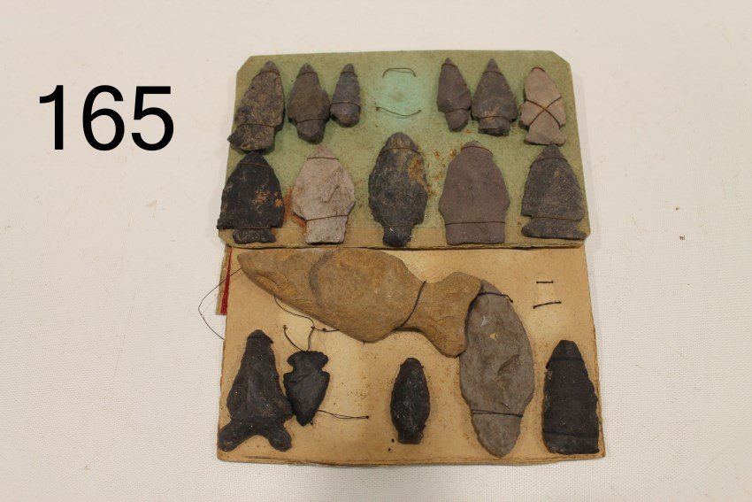 2 Cards of Indian Artifacts - Old Museum: 2 small cards with affixed stone artifacts. The Metcalf museum, Tunkhannock, PA, opened in late 1800s and closed in 1950. Several pieces in the collection are labeled with donor names, the years and a