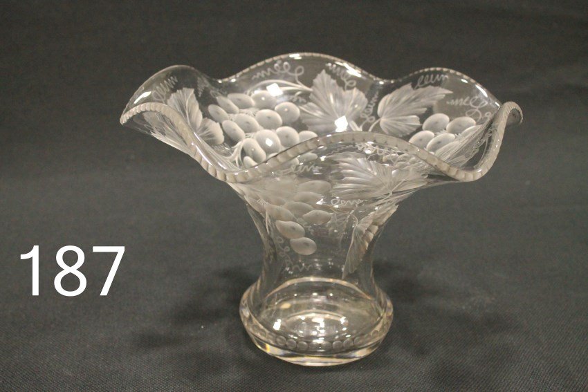American Cut Glass Tuthill Flared Vase: American brilliant period cut glass Tuthill flared edge vase, polished pontil, 7" H x 10" W. Excellent condition, no visible defects found.. All 62 lots of cut glass selling in this auction belonged t