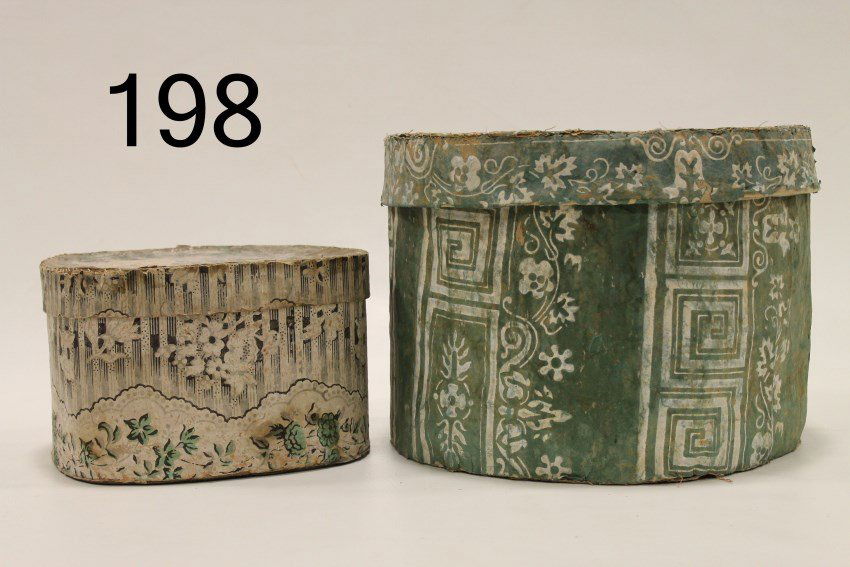 2 New Hampshire Wallpaper Band Boxes: Early 19th century, green and white, 13 1/4" W x 10" H; Striped and scalloped wallpaper design, NH, early 19th C. 10" W x 6" H.