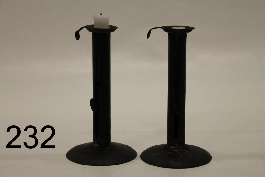 Pair Hog Scrapper Iron Candlesticks: Each with penny tab push-ups and chair hooks, 7 1/2" H.