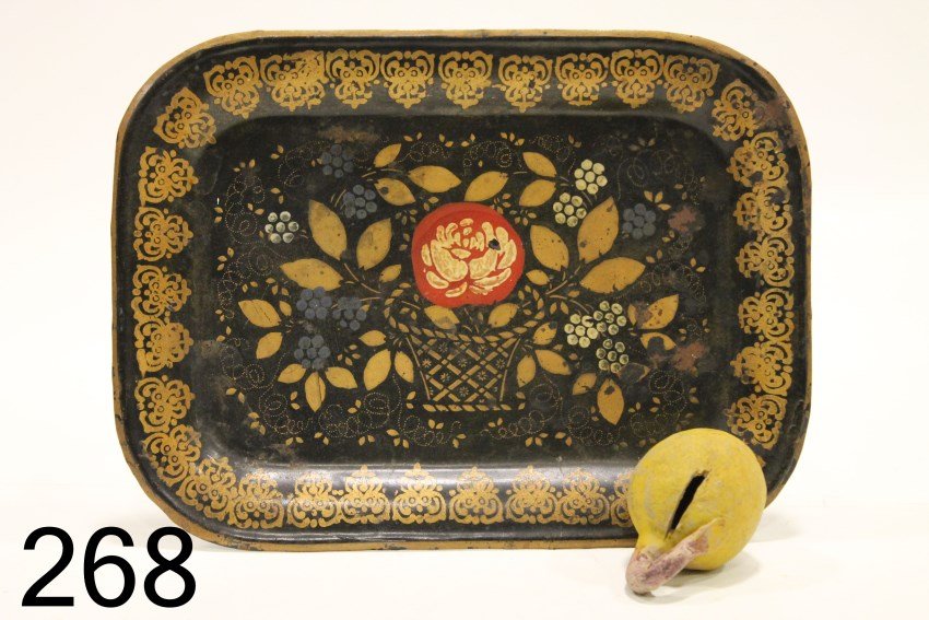 19th C Small Tole Tray & Pottery Bank: Tray Ohio or Pennsylvania, 11 3/4" W x 8 3/4" D; pottery fruit bank, old yellow paint, 3 1/2" H.