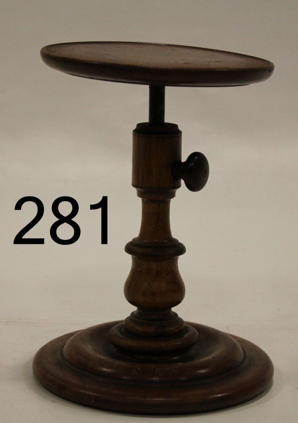 19th Century Walnut Adjustable Heighth Candle / Fluid: Wooden adjustable shelf with wooden knob, 7" H when lowest.