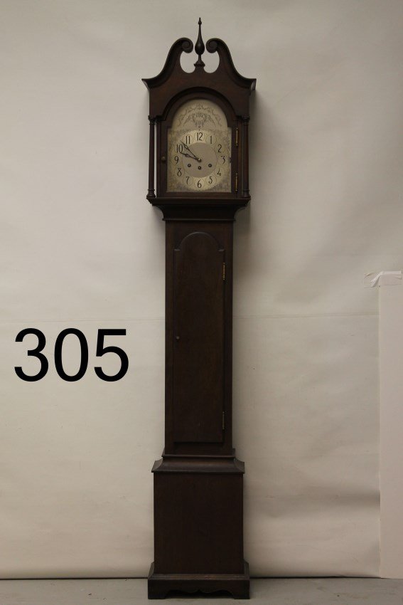 Herschede Chiming Hall Clock: Brass tag marked "Herschede Chiming Hall Clock Co", Pendulum Model 10, Westminster & Canterbury chimes, 72 1/2" H.