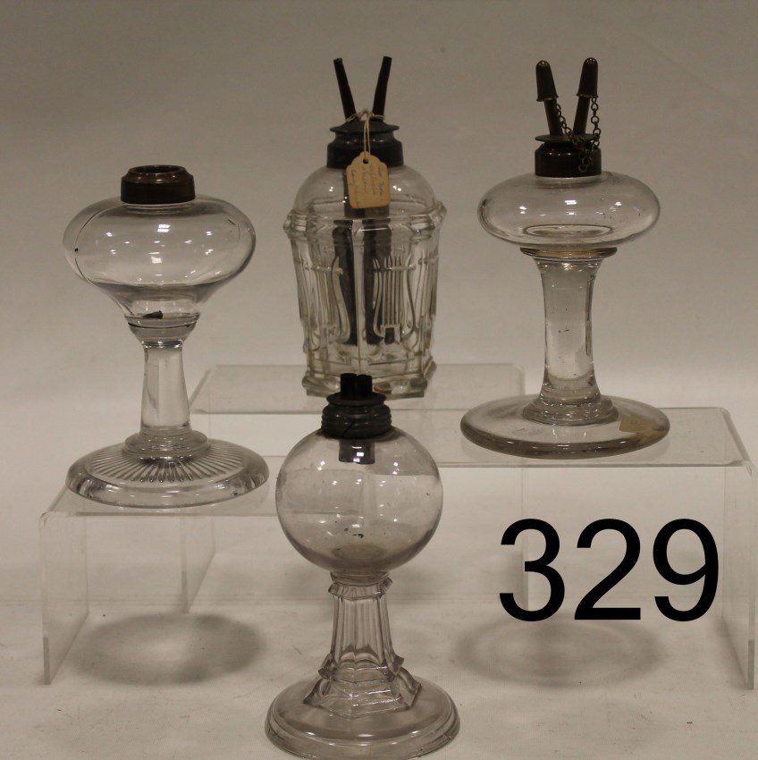 19th C Fluid Lamps & Newell Burner & Screen: 4 lamps - sandwich glass, one with molded harps burns camphene and has rare non-explosive screen (hole in bottom of lamp) and signed Newell burner with a patent date of 1853. Screen was invented to de