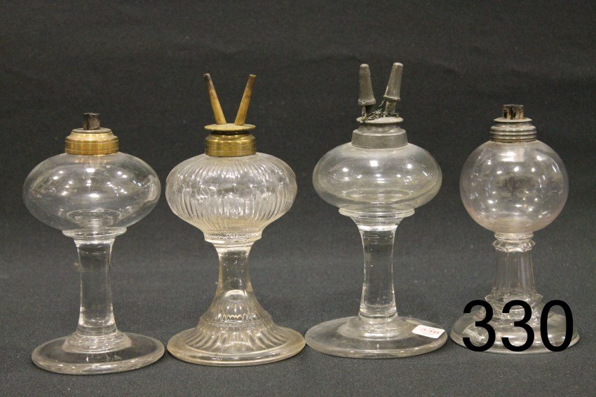 19th C Whale Oil Lamps: Group of 4 early whale oil lamps. Note: There are part of large collection of early lighting selling in this sale and continuing into next auction - June 1.