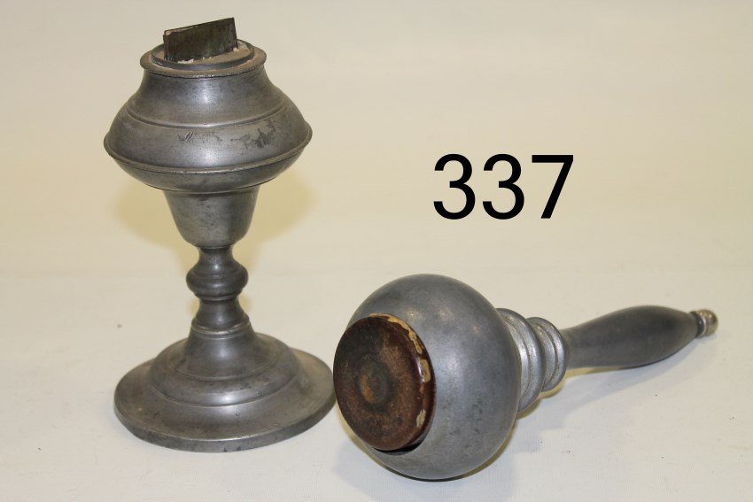 Pewter Lamp & Pestle: Lamp 7" H; pestle with wooden insert at base.