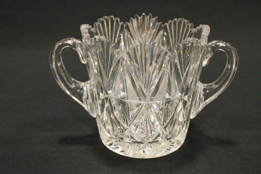 American Brilliant Period Cut Glass Ice Bucket / Tub -: American brilliant period cut glass ice bucket, 5 1/2 H x 5 1/2" W, "very old Dorflinger" as described by original owner, fans up and down with caning. Excellent condition, no visible defects found. .