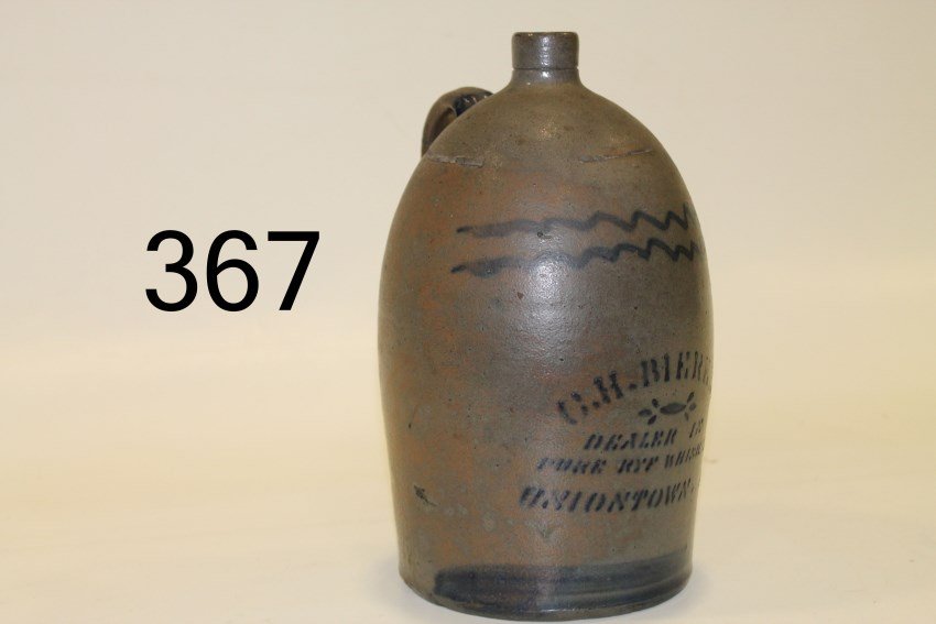C. H. Bierer Advertising Whiskey Jug: 19th century advertising one gallon whiskey jug, cobalt freehand squiggles and bands, cobalt stenciled C. H. Bierer, Dealer in Pure Rye Whiskey, Uniontown, Pa., partial incised band around shoulder, 1