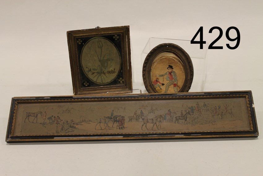 19th C Silk Needlework - Eglomise Frame: 3 framed artwork - Floral silk needlework on silk ground, eglomise frame, 8 x 7; oval frame, 7" H, silk needlework of man and monkey; hand-colored print horse scene, Death and the Doctors", 24 3/4" L.