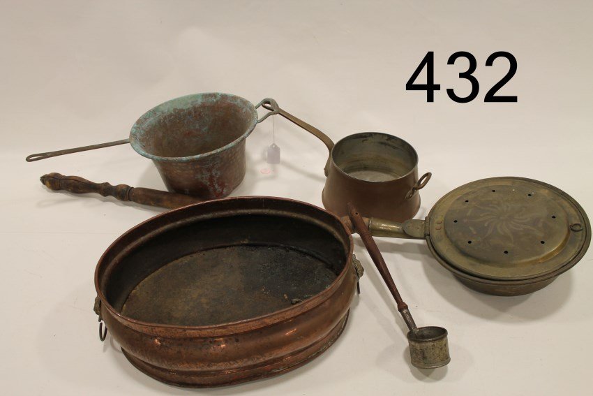 Copper Pans / Pots: Copper - tub with lion head handles, 15" L; pot; hearth handled pot; metal dipper; brass bed warmer.