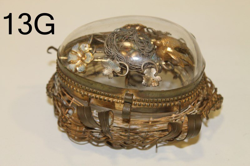 French 19th Century Egg-Form Brass & Glass Jewelry Box: French 19th century egg-shaped brass and glass trinket / jewelry box, very detailed bird with eggs in nest under lid, 5" x 4" x 4".