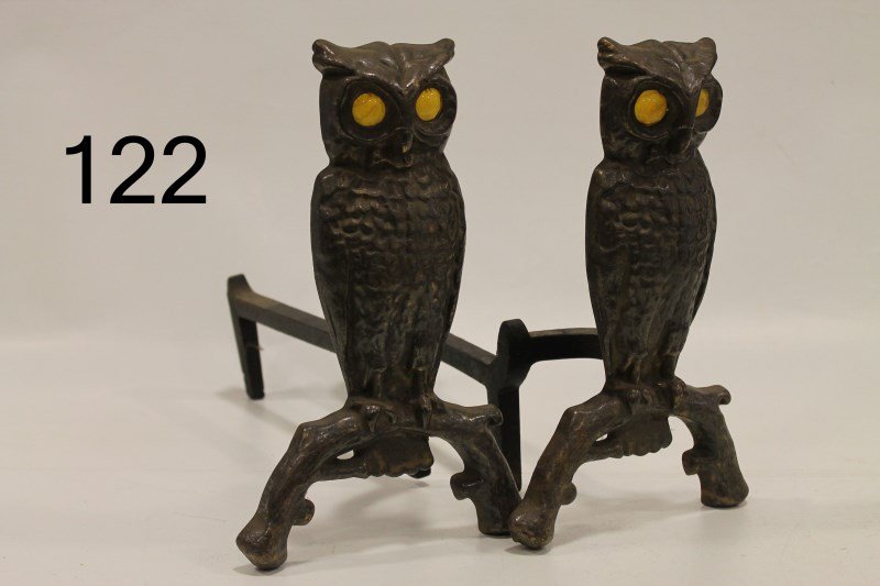 Owl Cast Iron Andirons - Reflecting Glass Eyes: 13" H.