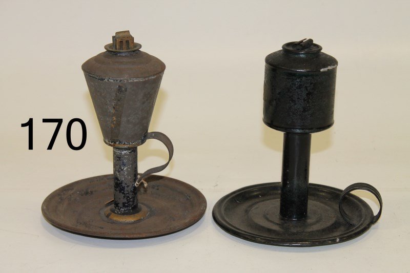 2 Tin Chamber Lamps - Lard Burners: Tallest 7"; other with double burner.