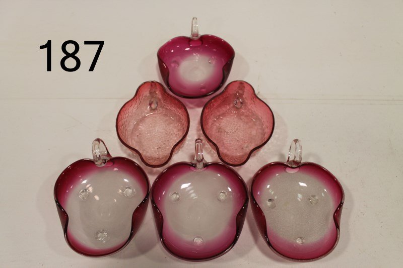 Cranberry to Frosted Handled Dishes: Set of 4 matching and set of two matching.