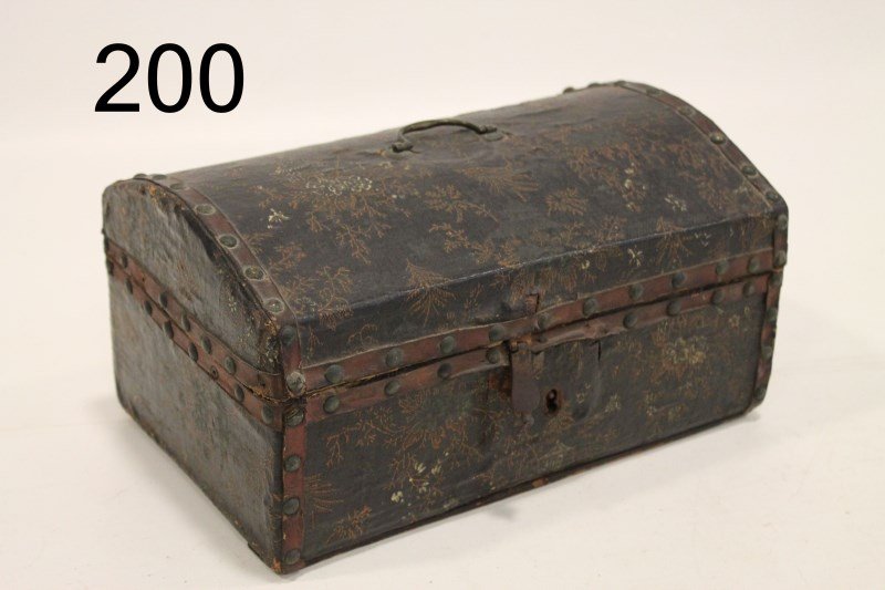 Early 1800s Leather Document Box - Paint Decorated: Paint decorated domed box with gazebo and florals, brass tacks and leather trim, wallpaper lined, 12" W x 6 12" H.