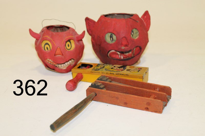 Paper Mache Jack-o-Lanterns & Noise Makers: Both lanterns with paper faces, largest 4 1/2" H.; 2 ratcheted noise makers - one dated 1928.