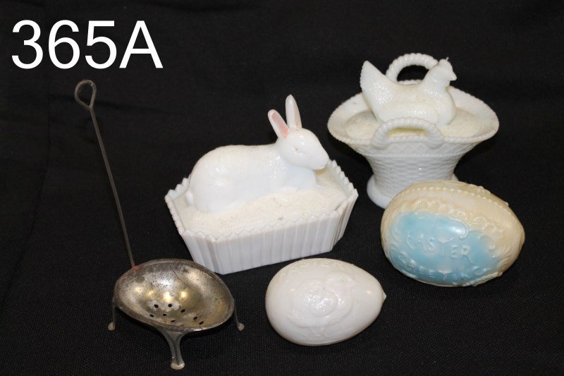 4 Milk Glass Easter items & Tin Egg Holder / Dipper: Chicken on nest; rabbit on nest; "Easter Greetings" egg, 4 1/2" L; Easter egg; tin dipper on 4 legs with long handle.