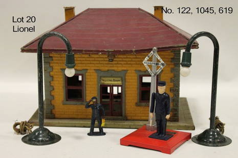 Lionel Waiting Room No. 122, 1045 Flagman, 619 Porter: No 122 waiting room, 1920-30s, gray base, salmon sides, lighted, played with but all parts look to be there; 1045 flagman, good; 619 black man porter, good; 2 unsigned gooseneck lamps.