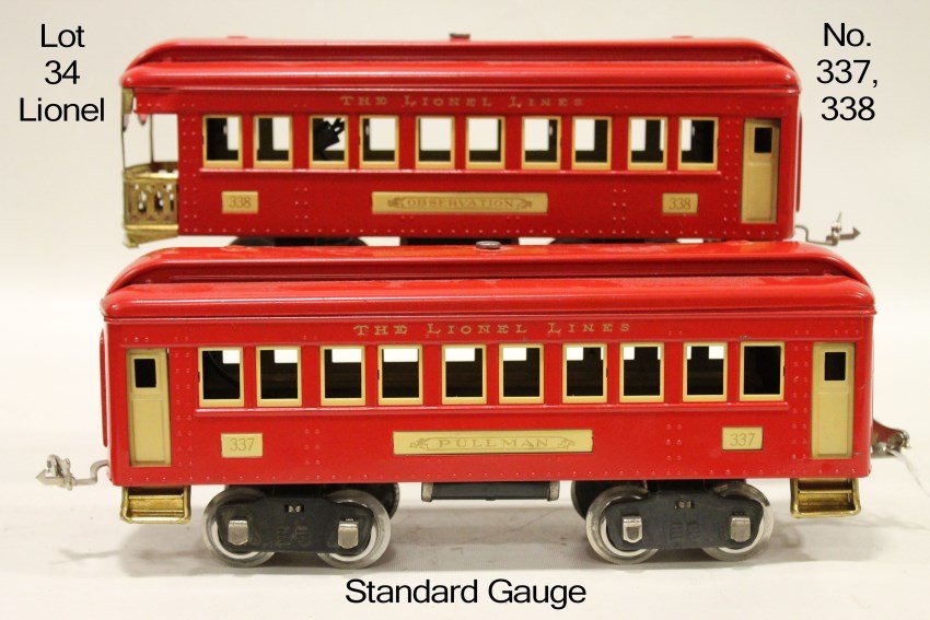 2 Lionel Standard Gauge Passenger Car Replicas: Observation and pullman cars, reproductions of originals.