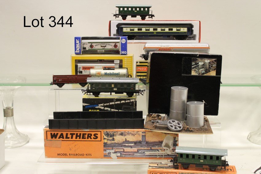 Misc. Boxed Train Cars: Trix Express 20/121 t, Jouef 8610, Ulrich Model Kit #931-518, Herkat 1351, Baur 125, misc. unboxed RR Cars, Accessories