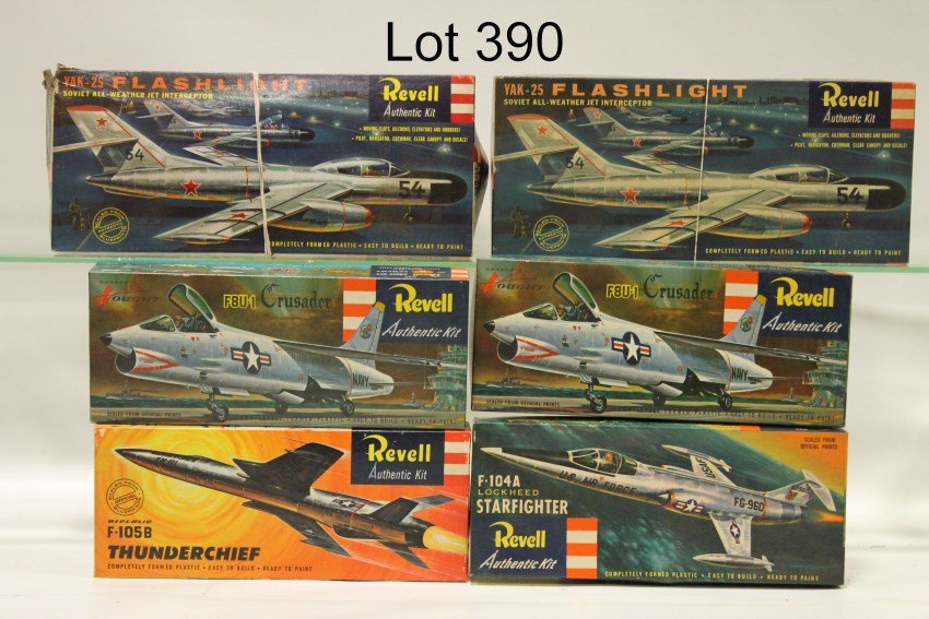6 Revell Model Airplane Kits: 2 x F8U-1 Crusaders; F-105B Thunderchief; F-104A Starfighter; 2 x Yak-25 Flashlights. Each is unsnapped, unassembled and complete with decals and directions.