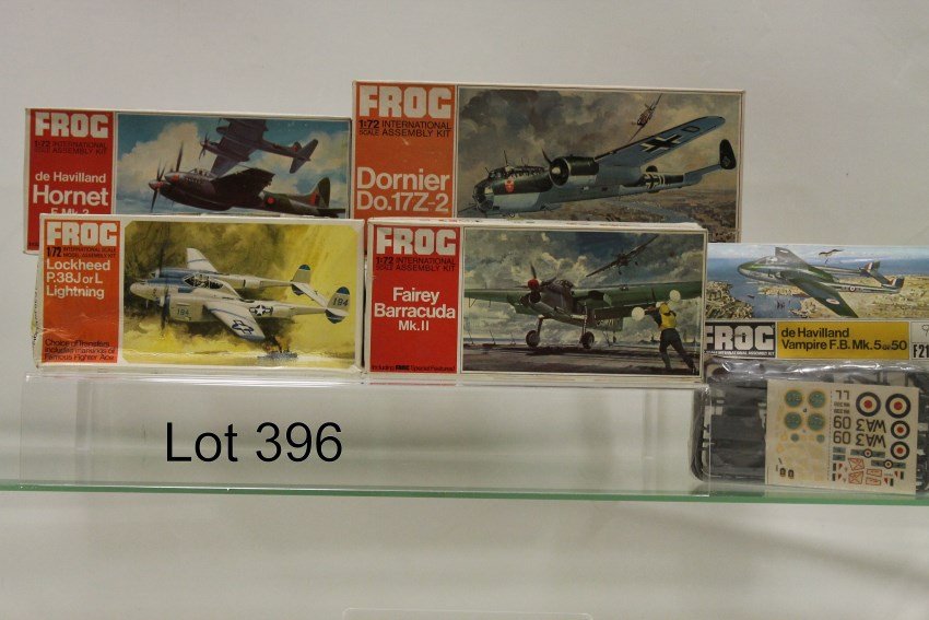 5 FROG Model Airplane Kits: Dornier partially assembled; Fairey Barracuda in factory sealed bag; Lockheed P.38J or L Lightning; deHavilland Hornet box only; de Havilland Vampire Bagged Edition. Each is unsnapped, unassembled and