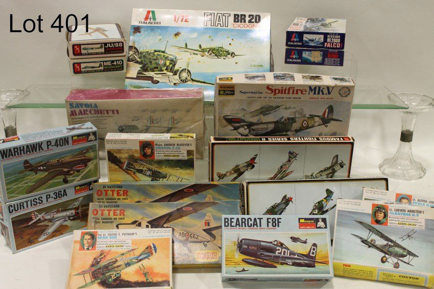 18 Group Misc Makers Model Airplane Kits: Makers - Italaerei; Bachmann; Ringo; AMT; Strombecker; Renwal; Monogram. Each is unsnapped, unassembled and complete with decals and directions except Renwal PFALZ partially assembled; most others are