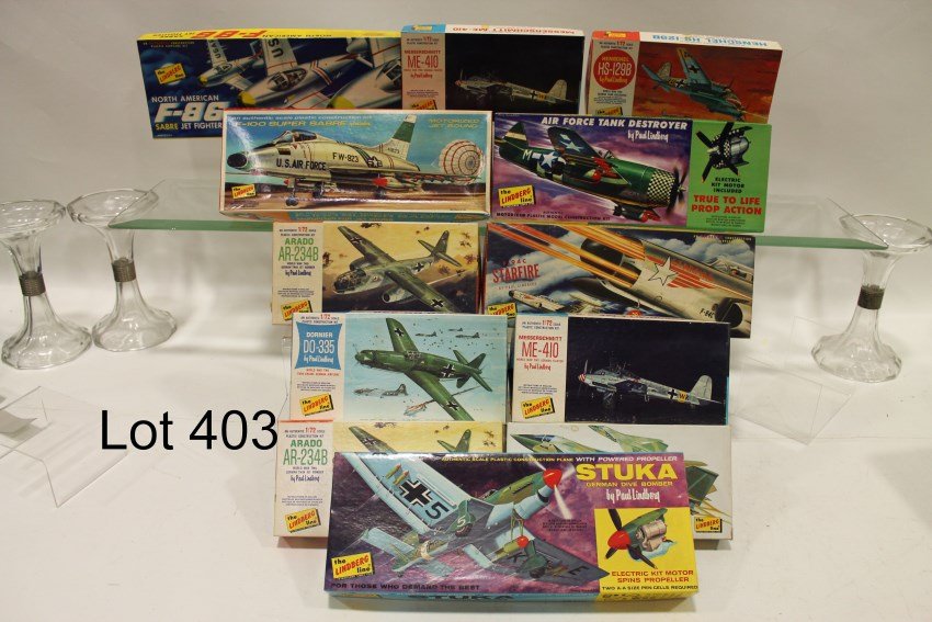 12 Linberg Line Model Airplane Kits: Includes 3 motorized models each in factory sealed motor bags: Air Force Tank Destroyer, F-100 Super Sabre and Stuka German Dive Bomber; non-motorized: North American F-86; 2 x Messerschmitt ME-410; A