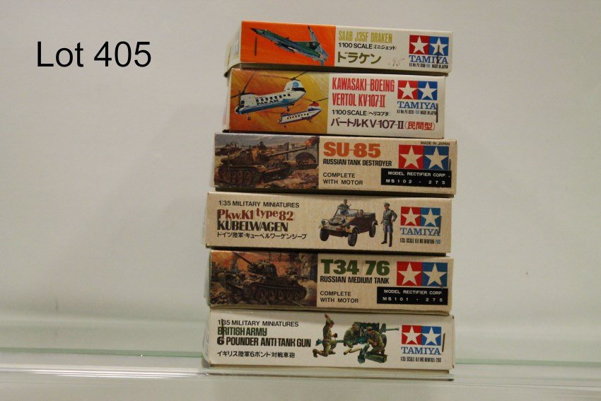 6 Tamiya Model Kits: Saab J35F Draken factory sealed in parts bag, Kawasaki Boeing Vertol KV-107-II, SU-85 Russian Tank Destroyer, German Volkswagen JeepT34/76 Russian Medium Tank, British Army 6 Pounder Anti-Tank Gun. Ea