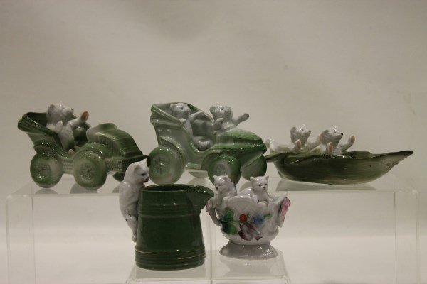 5 German White Teddy Bears - Pink Paws & Cats: German fairing white teddy bears - single bear in car, 4 1/2" L; two bears in car, 4 1/2" L; German fairing white teddy bears in boat, 6" L; white cat creamer, 3 1/2" H; Staffordshire trinket box with