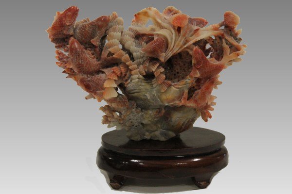 Antique Soapstone Aquatic Scene: Fish and coral on wooden pedestal, 5 1/4" H x 6" W.