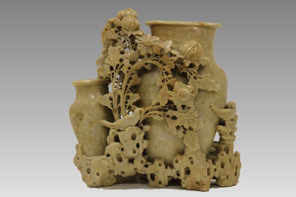 Antique Soapstone Double Vase Carving: Antique carved soapstone double vase, covered with lotus blossoms and birds, 10" H.