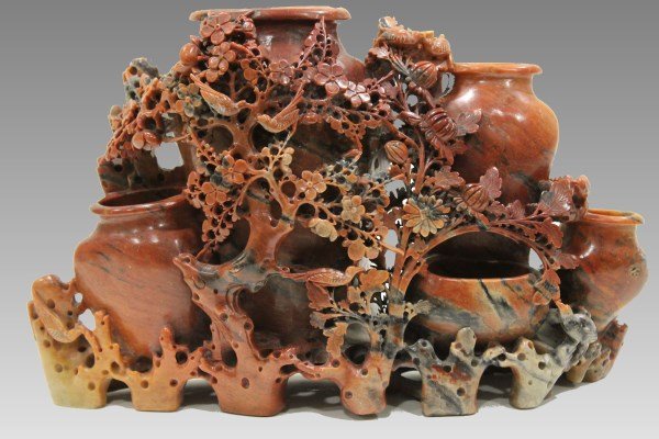Antique Soapstone Multi-Vase Carving: Carving of birds and trees covering 5 vases, 8 1/2" H.