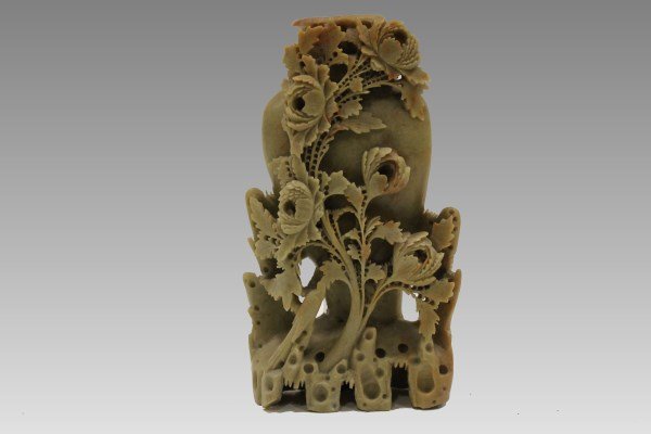 Antique Soapstone Vase Carving: Antique carved soapstone vase, covered with flowering vines, 10 3/4" H.