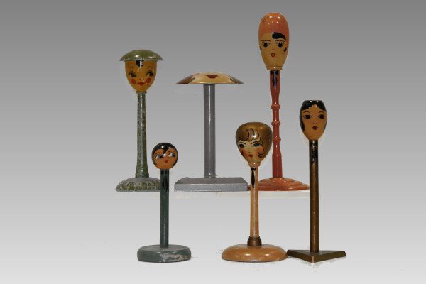 6 Painted Head Wooden Hat Stands: Vintage wooden hat stands, hand-painted faces, tallest 12 1/2" H.