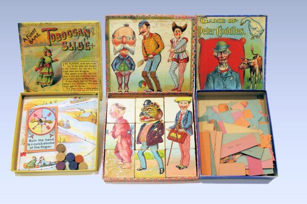 3 Victorian Games -Tobaggan Slide; Peter Coddles;: 3 Victorian era games - Toboggan Slide by J.H. Singer, 5 1/2"; Game of Peter Coddles (reading game) by Ottman; paper on wood puzzle game.