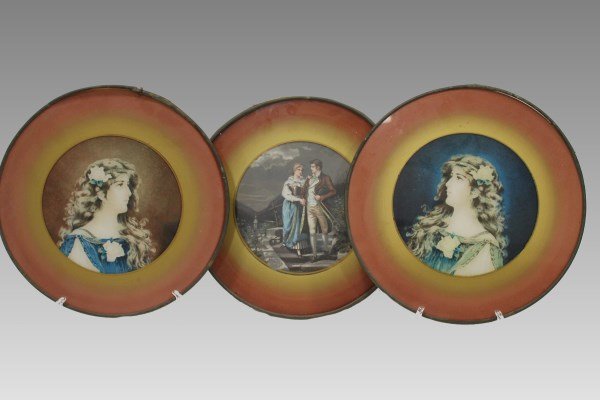 3 Large Flue Covers - 12 1/2" Wide: 3 large flue covers, silver-glittered - romantic couple, 2 portraits of young woman with long flowing hair - two views.