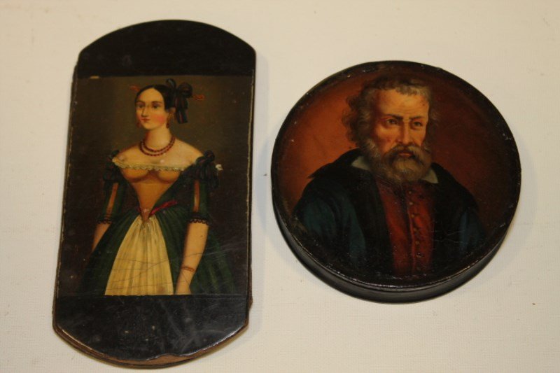 Early 19th C. Paper Mache Snuff Box & Cigar Case: Early 19th century lacquered paper mache boxes - round snuff box with portrait of man probably famous artist or author, on lid, 3 1/2" H; lacquered paper mache cigar holder with portrait of well-dress