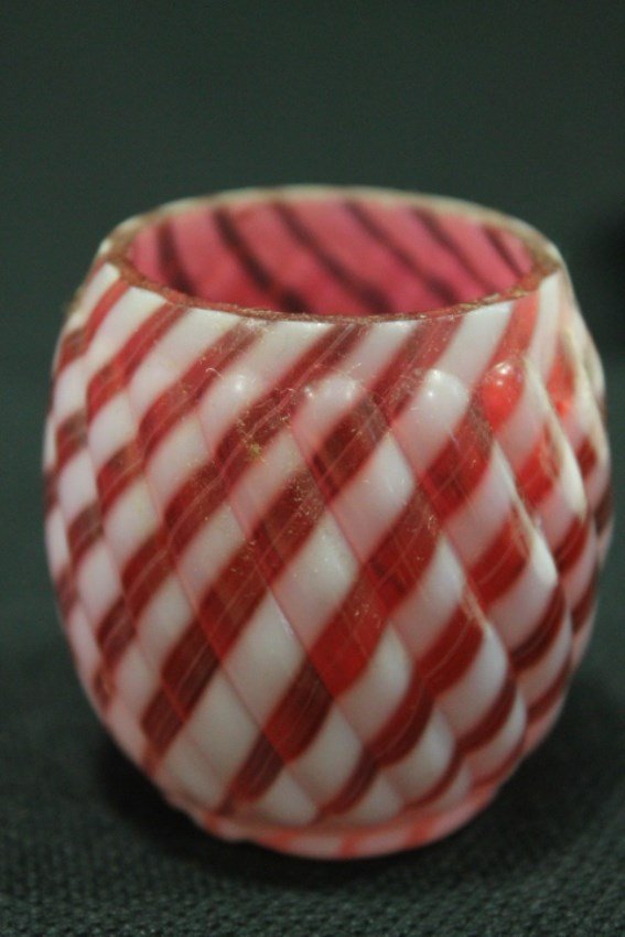 Model Flint Cranberry Reverse Swirl Toothpick: Model Flint Reverse swirl toothpick holder, cranberry opalescent, 2" H.