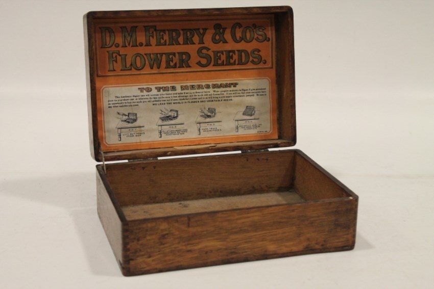 D.M. Ferry & Co. Flower Seeds Box: D.M. Ferry & Co. Flower Seed oak box, original paper label attached interior lid, 11 1/2 X 4 X 6 3/4".
