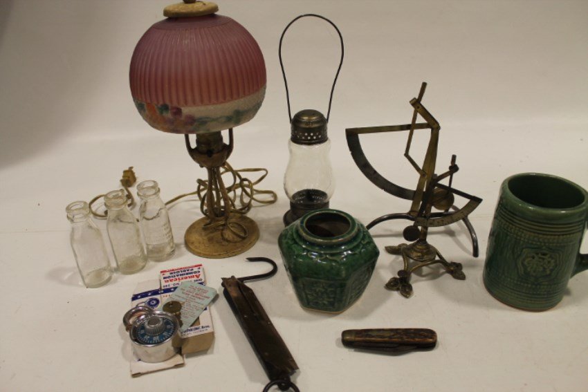 Boxlot Skating Lamp, Scales, Lamp & More: Skating lamp; boudoir lamp with glass shade; pocket knife (rusty); American Combination and with key padlock in o/box unused; 3 glass battery oil bottles; pat'd dated 1892 spring balance scale; 2 scal