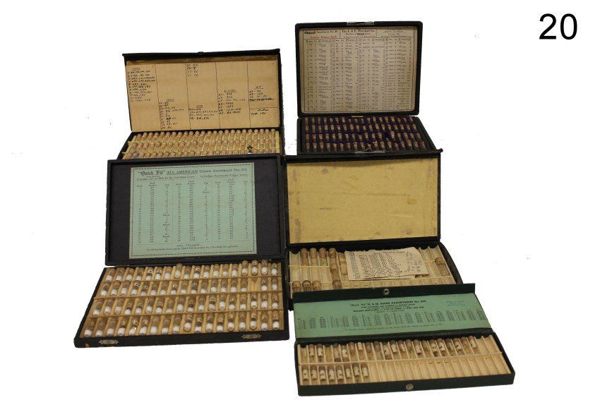 5 Cases of Watchmaker's Watch Repair Parts: Five small cases of corked glass vials containing watch parts, includes "Quick Kit All American Crown Assortment No. 373 of 14K gold-filled crowns to fit Elgin, Hamilton and Waltham watches. Condition