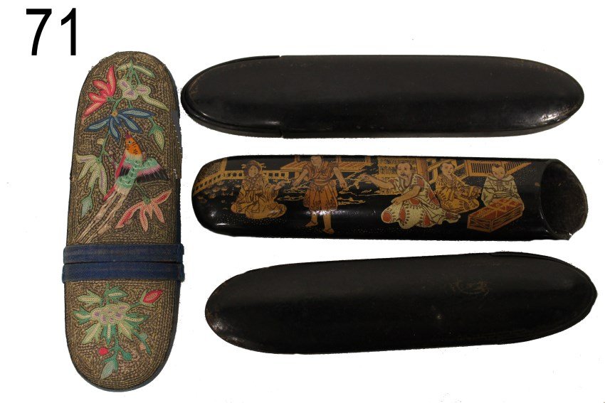 3 Papier Mache Spectacle Cases - 1 Oriental Scene: Mid- 1800s, three papier mache spectacles cases - one with Oriental scene of men and women, velvet lined, 7" L; 2 plain flip end cases; Oriental embroidered cloth case, condition - all good.