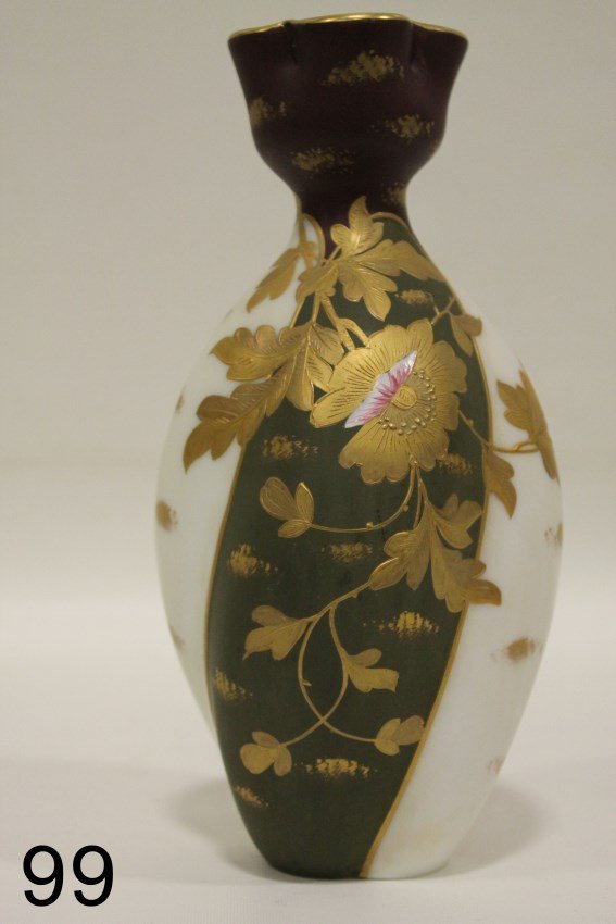 Signed Webb Twisted Lobbed Vase: Heavy gold accented twisted lobbed vase, signed Webb, dark green, pink and white with gold gilded leaves, flowers and highlights, cranberry neck, 9 3/4" H, condition - good.