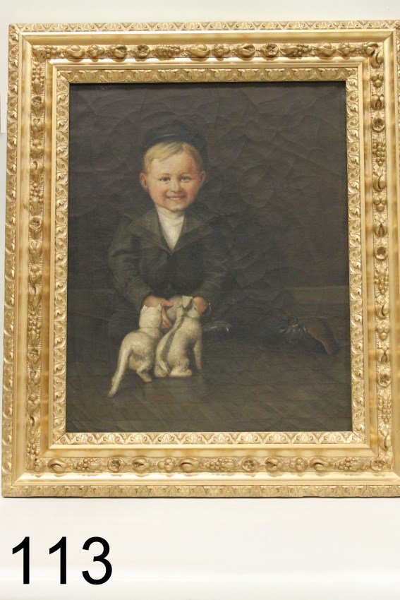 19th C. Young Boy Oil Painting signed C. H. Witherell: Signed by 19th century America artist C. H. Witherell oil on canvas oil painting of young boy child holding ball with two stuffed or real animals - dog and floppy eared rabbit, 22 1/2 x 26 1/2 frame, 