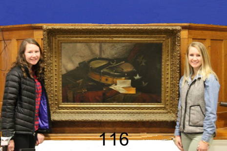 Very Large 19th O/C Painting of Civil War Memorabilia: C. 1800s large civil war memorabilia oil on canvas painting, featuring a canteen and kepi resting on top of a drum with a sword and scabbard, letter with an envelope, book, and a draped American flag,