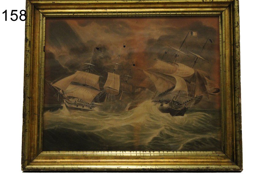 Watercolor C. 1820 USS Constitution & HMS Guerriere: Watercolor depicting the famous HMS Guerriereâ€™s last battle against the USS Constitution, c. 1820, gold gilt frame, condition - good.